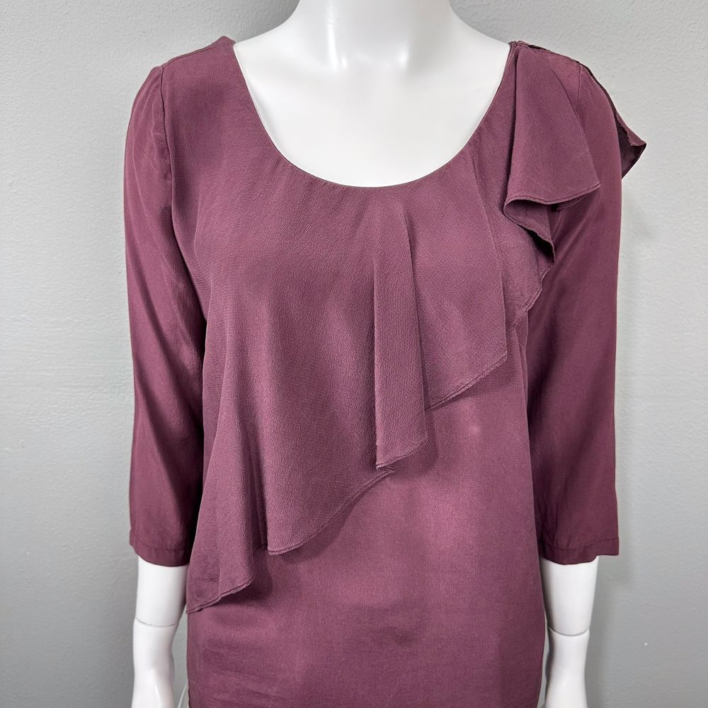 See by Chloe Silk Ruffle Blouse Size 2 Burgundy Asymmetric Romantic‎ Artsy FLAWS - Picture 16 of 16